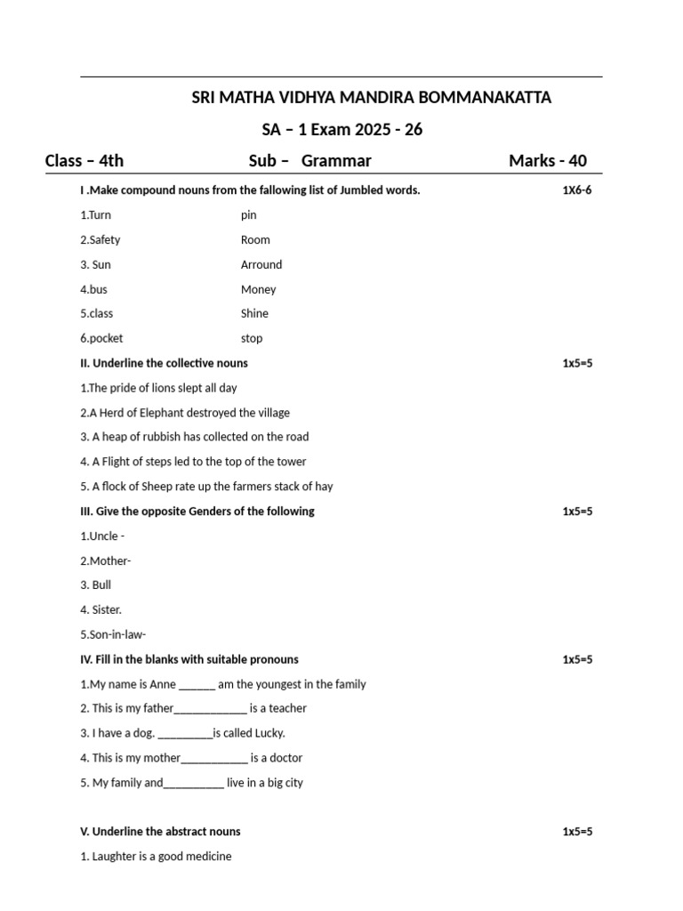 Class 4th Shree Maatha Vidya Mandira | PDF | Plants