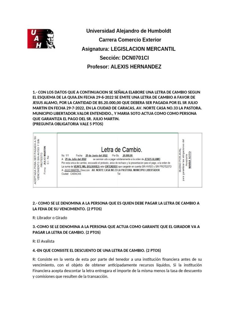 Letra de Cambio: Conceptos Clave en Comercio | PDF