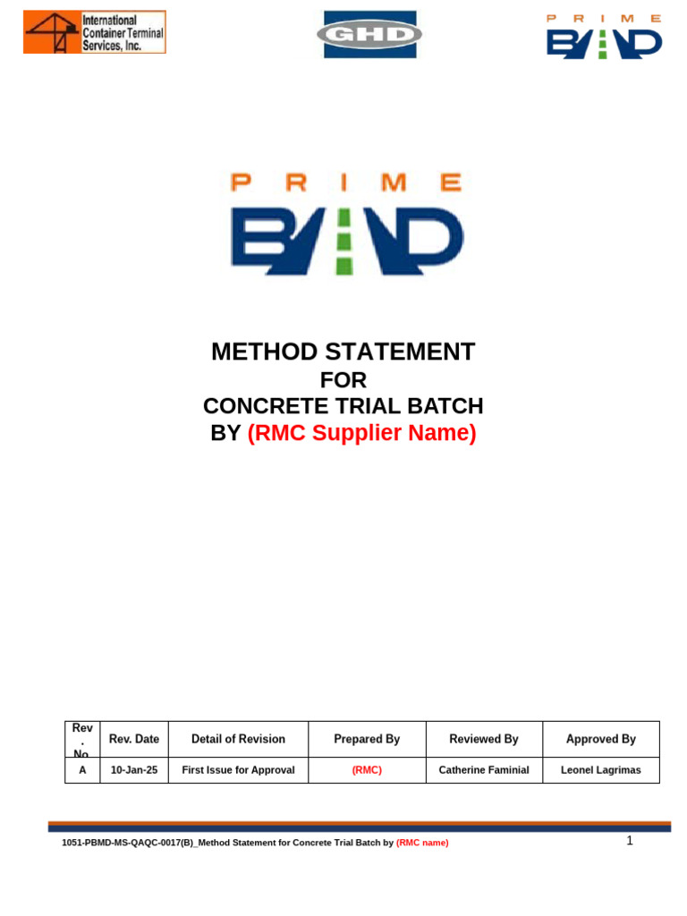 Concrete Trial Batch Method Statement | PDF | Concrete | Cement