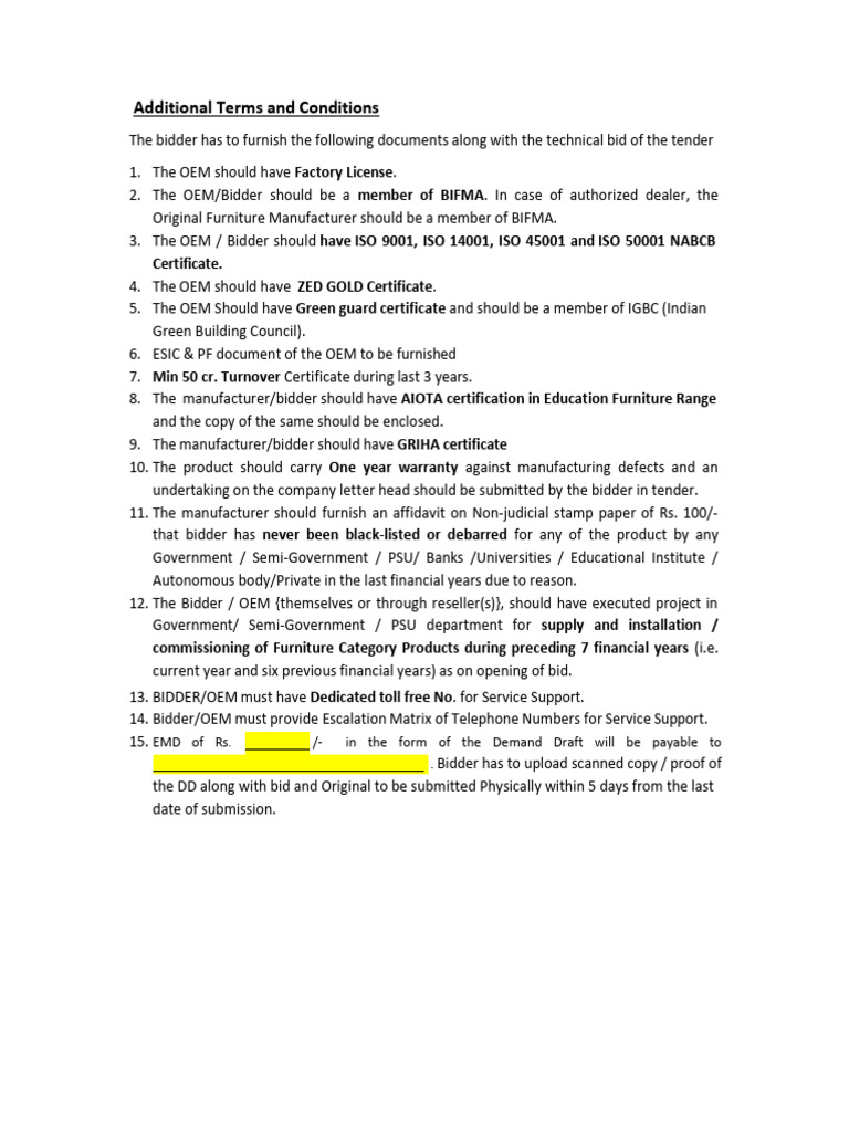 Tender Requirements for Furniture Bidders | PDF