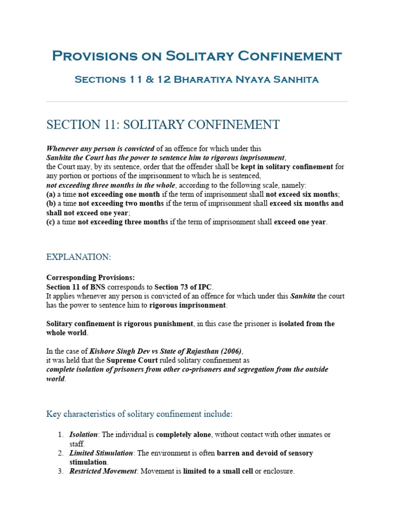 Section 11 and 12 of BNS | PDF | Solitary Confinement | Prisoner