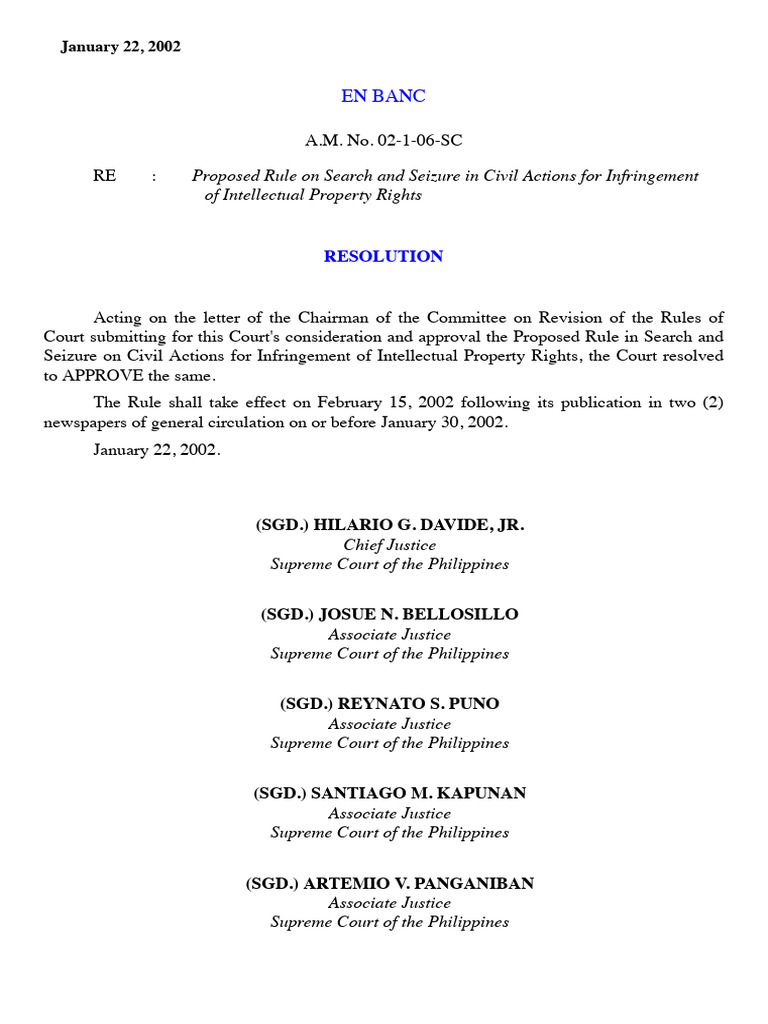 IV-B-5 A.M. No. 02-1-06-SC (Proposed Rule On Search and Seizure in Civil  Actions For Infringement of Intellectual Property Rights) | PDF | Affidavit  | Search And Seizure
