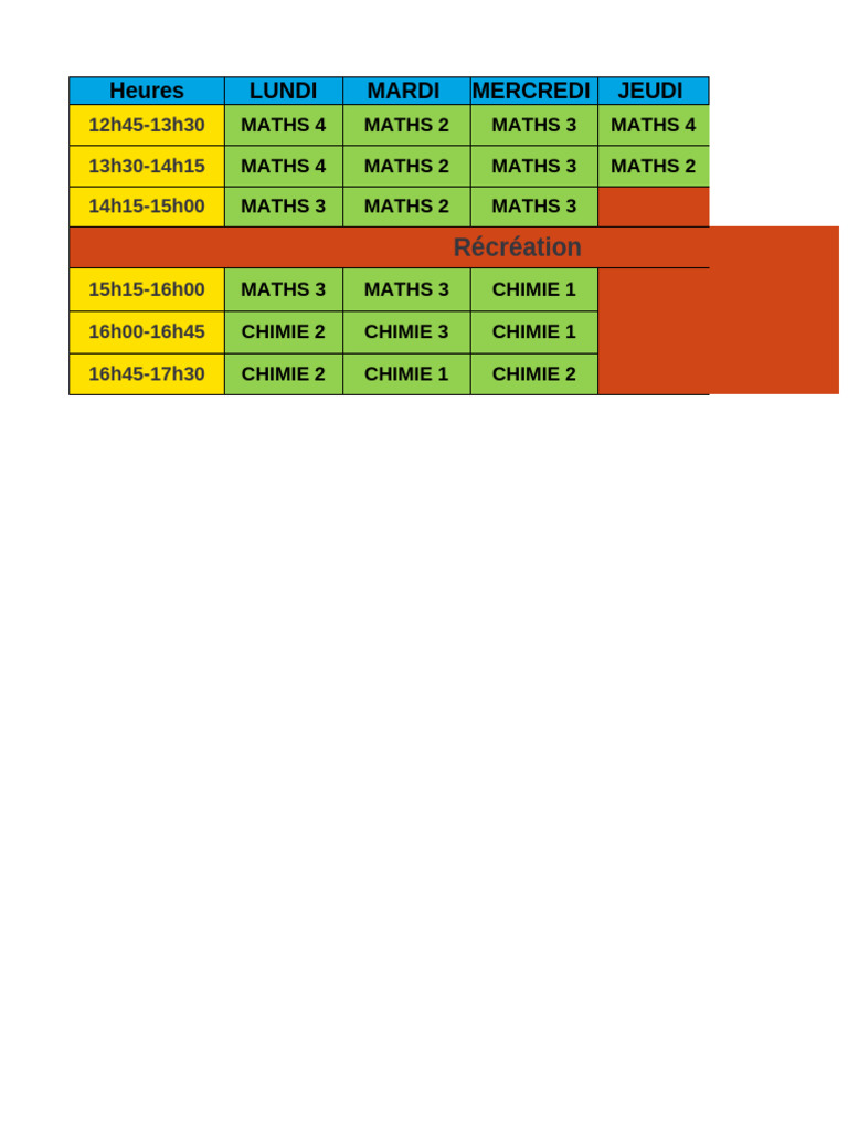 Emploi du temps des cours de maths et chimie | PDF