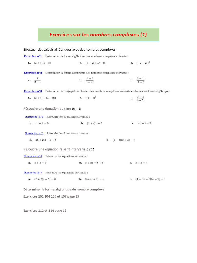 Exercices sur les nombres complexes | PDF