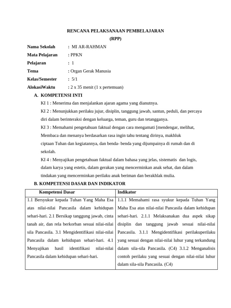 RPP PPKN Kelas 5: Nilai Pancasila | PDF