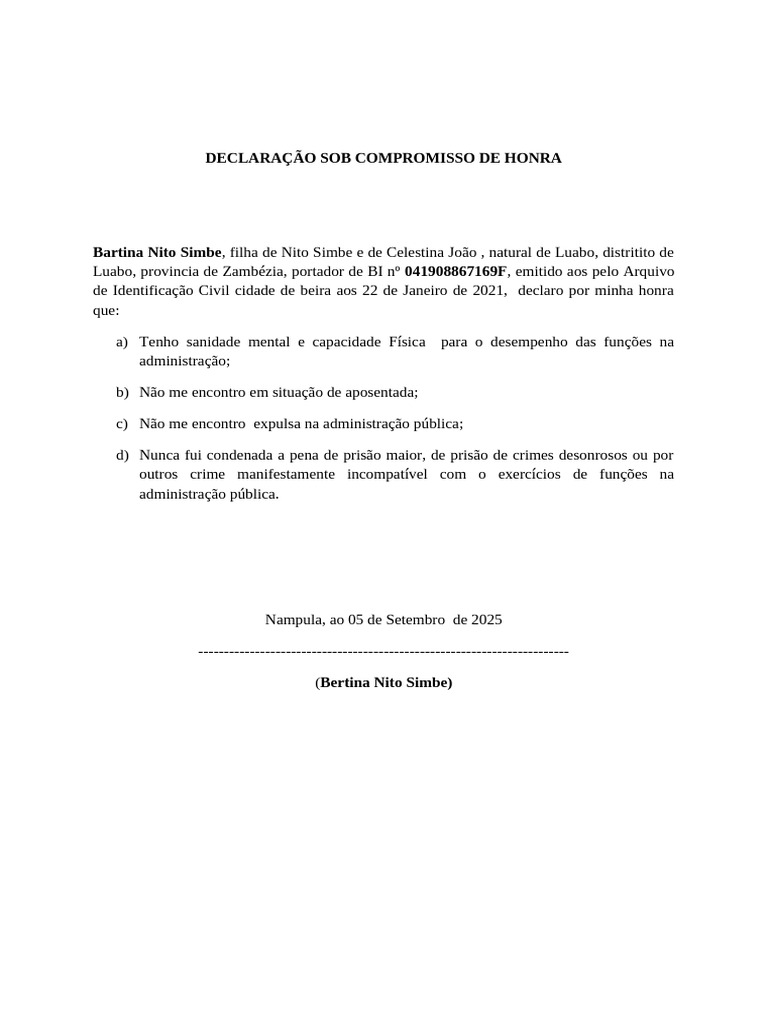 Declaração de Compromisso de Honra | PDF