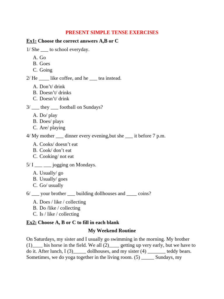 Present Simple Tense Exercises | PDF