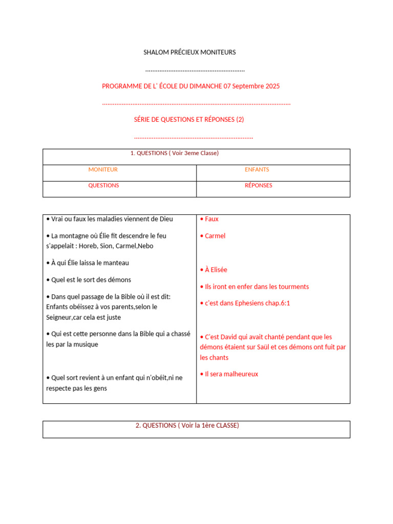 Questions et Réponses École du Dimanche | PDF | Moïse | Élie