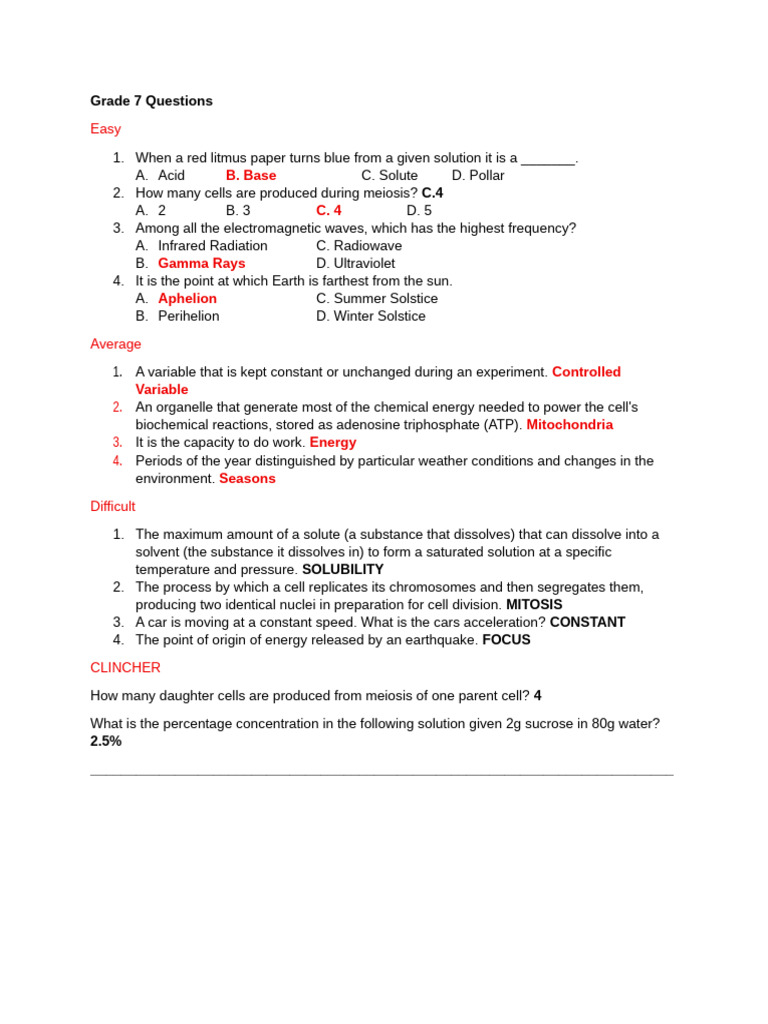Grade 7-10 Science Quiz Questions | PDF | Atoms | Mass