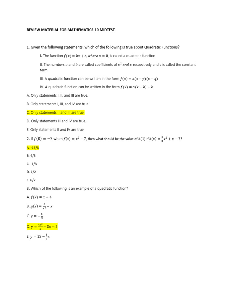 Review Material For Mathematics-10 Midtest | PDF | Quadratic Equation ...