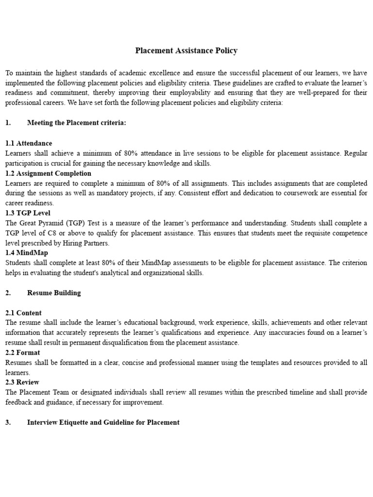 Placement Assistance Policy | PDF | Résumé | Body Language