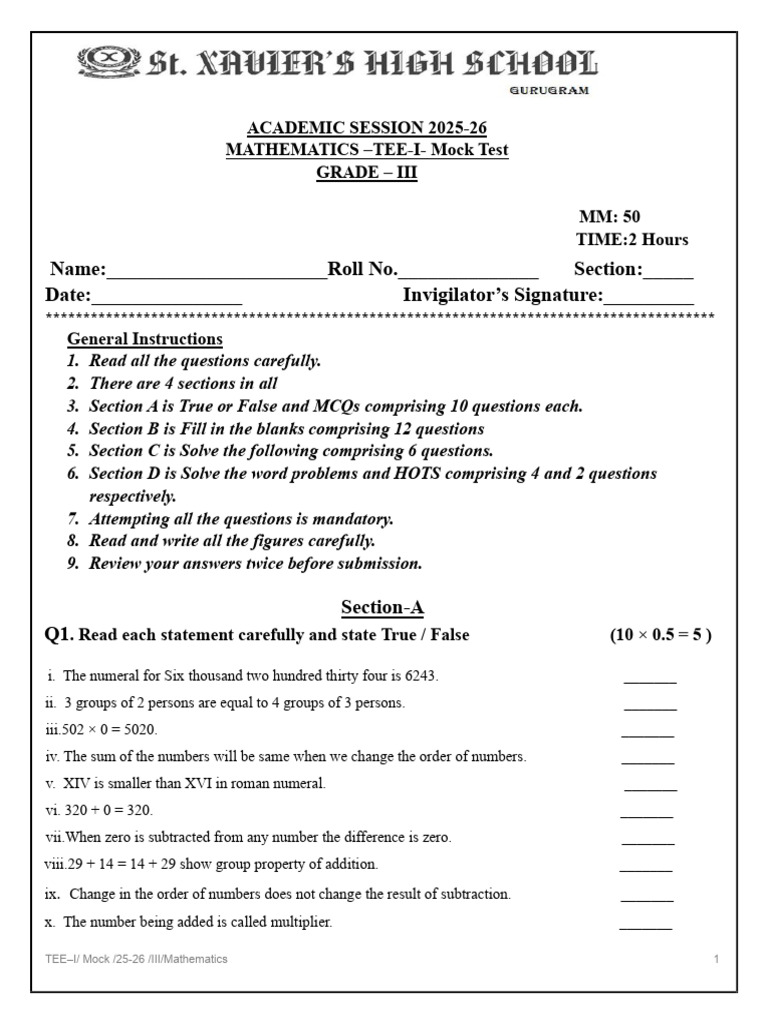 Grade 3 Mathematics Mock Test 2025-26 | PDF | Multiplication | Subtraction