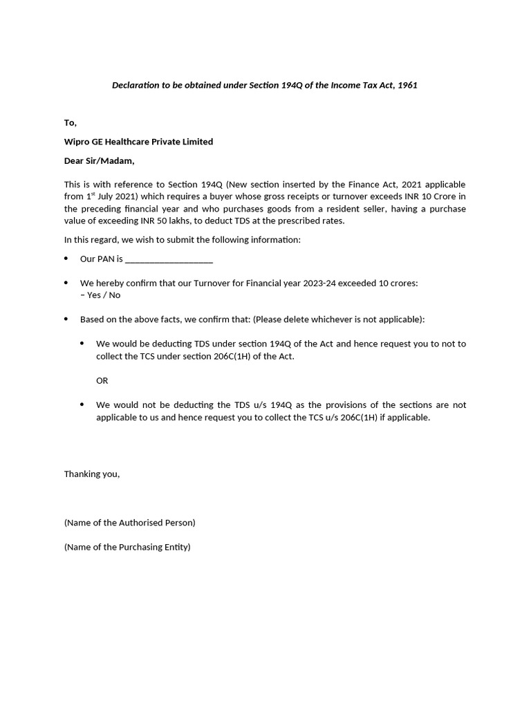 TDS Declaration Under Section 194Q | PDF