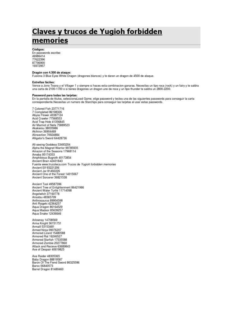 Claves y Trucos de Yugioh Forbidden Memories PDF Informática y