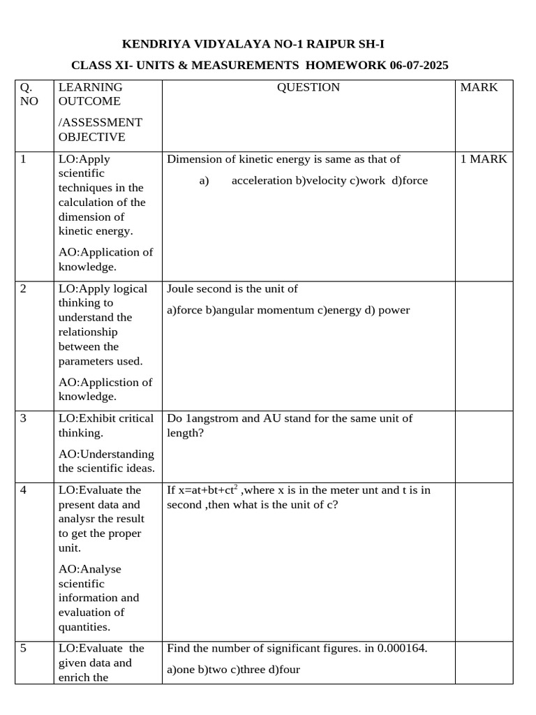 Class XI Units & Measurements Homework | PDF | Force | Quantity