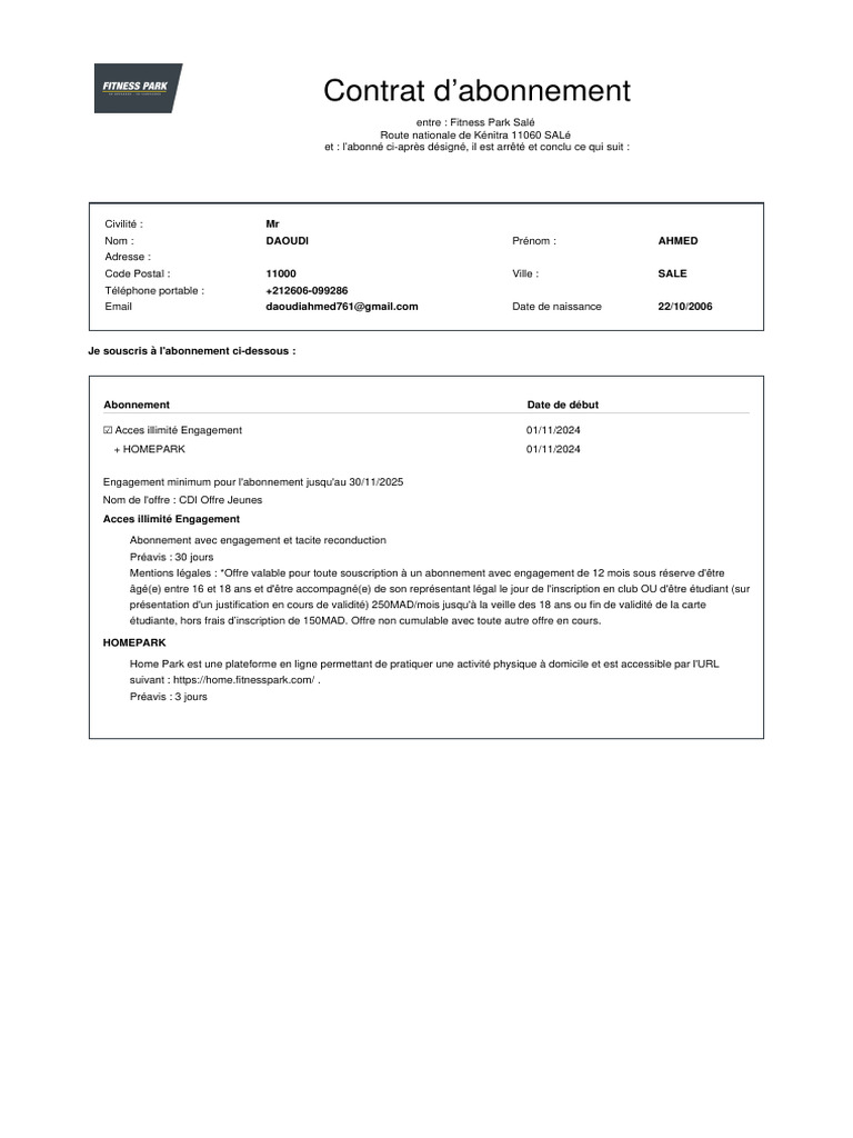 Contrat d'abonnement Fitness Park Salé | PDF | Cookie (informatique ...