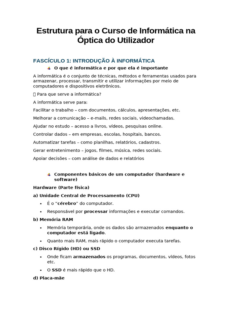 Curso de Informática: Estrutura e Conteúdos | PDF | Hardware de ...