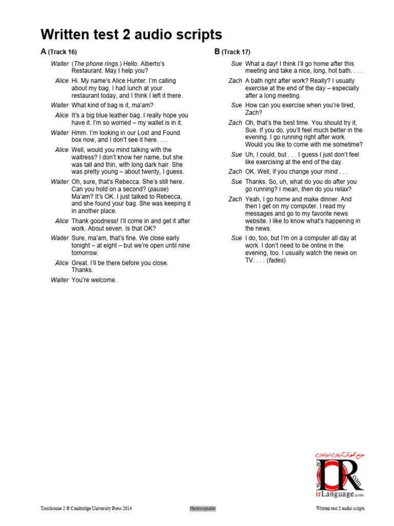 Audio Scripts for Written Test 2 | PDF