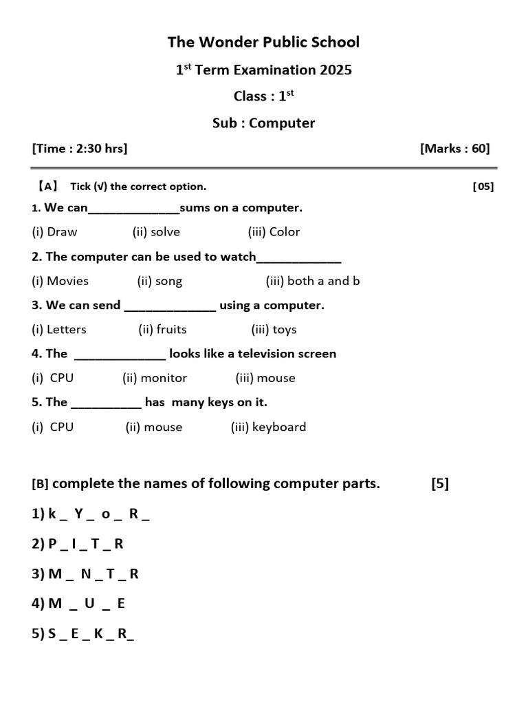 Class 1 Computer Exam 2025 Guide | PDF | Computer Keyboard | Computer ...