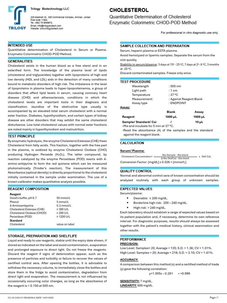 CHOD-POD Method for Cholesterol Testing | PDF | Cholesterol | Blood Plasma