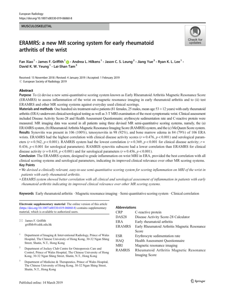 ERAMRS A New MR Scoring System For Early Rheumatoid Arthritis of The ...