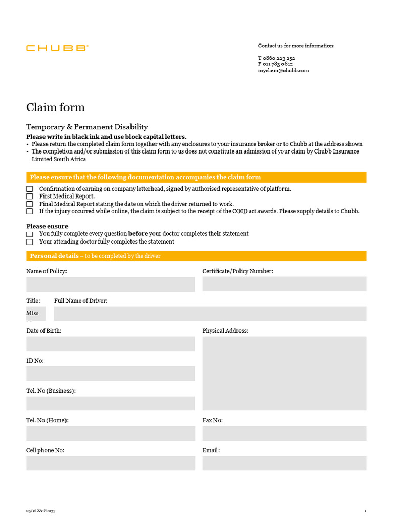 Disability Claim Form for Chubb Insurance | PDF | Health Care