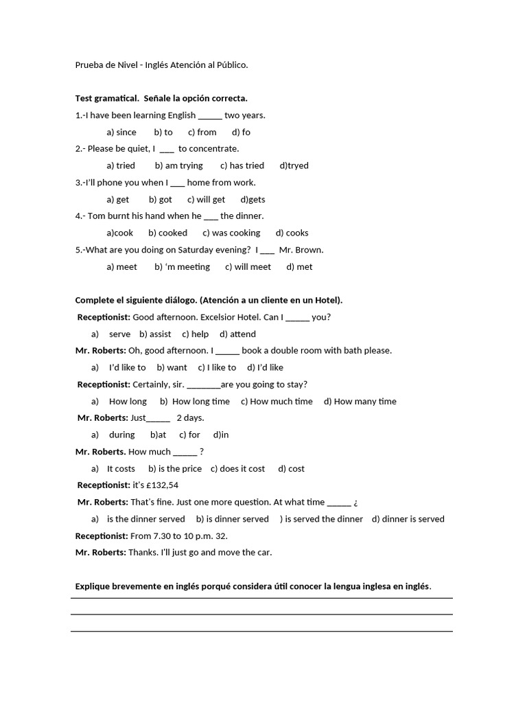 English Level Test for Customer Service | PDF