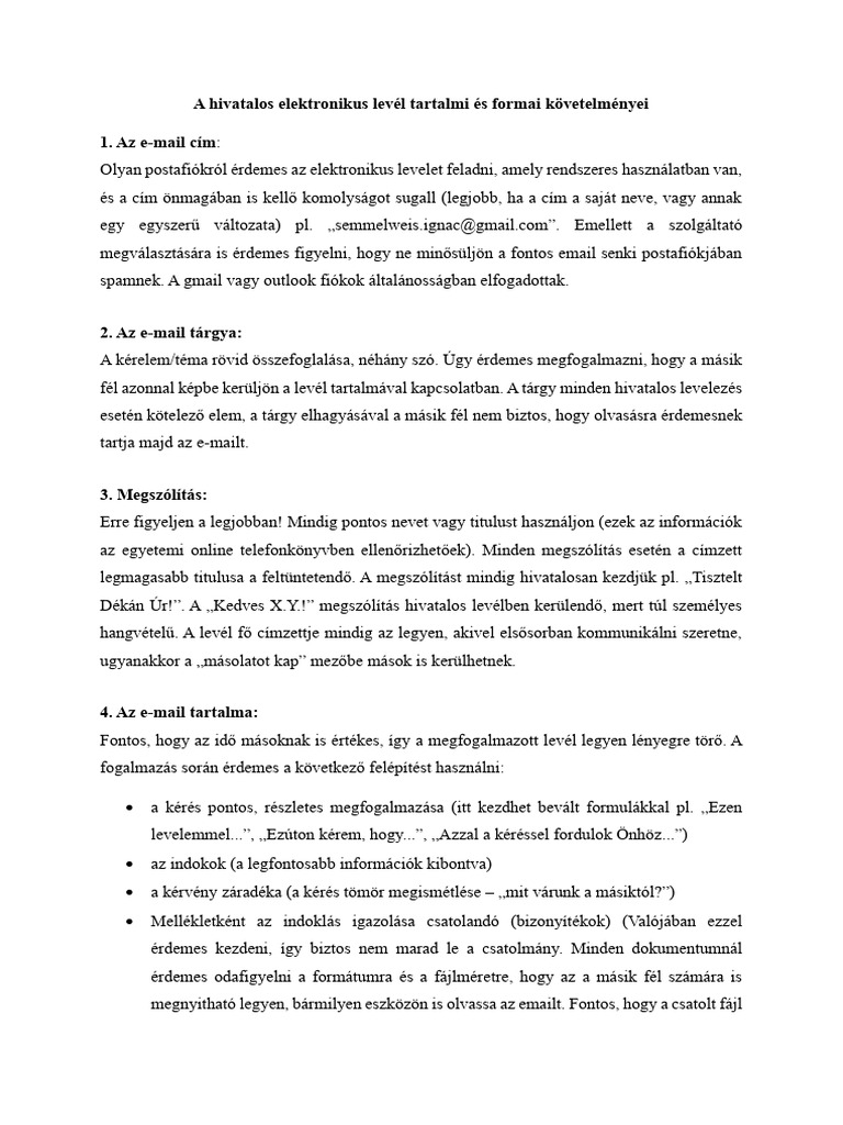 Hivatalos Elektronikus Levél Formai Követelményei | PDF