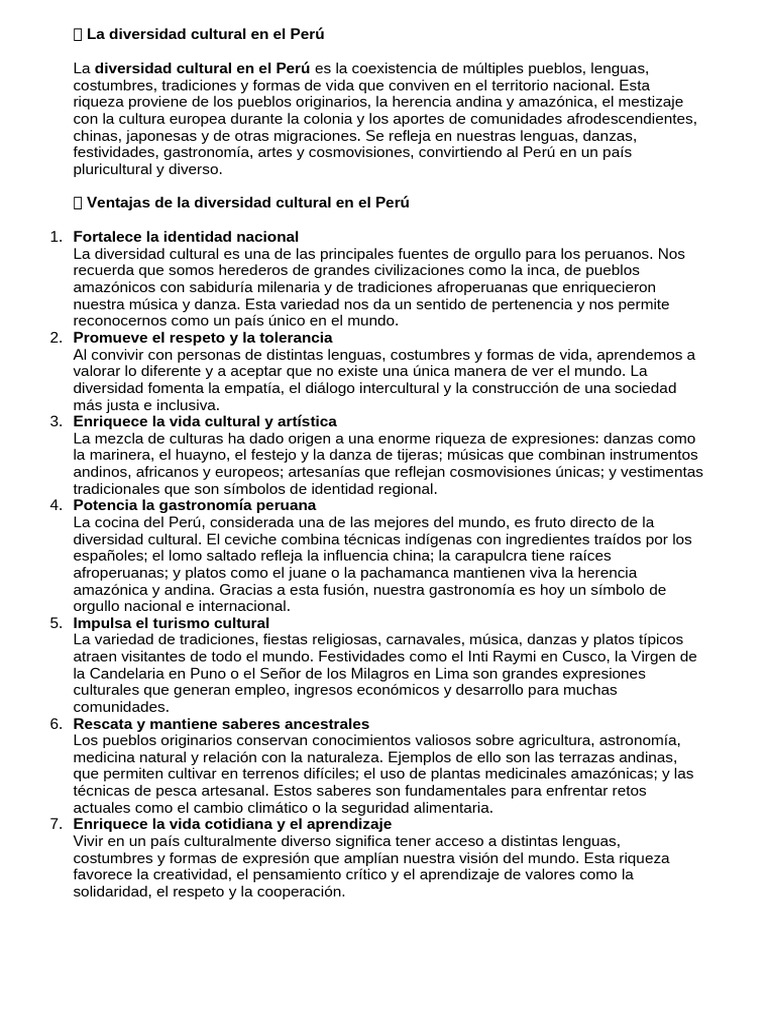 Diversidad Cultural en el Perú: Ventajas y Retos | PDF | Perú