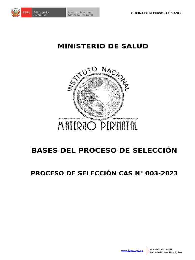 I. Bases Del Proceso de Seleccion Cas #003-2023-Inmp | PDF