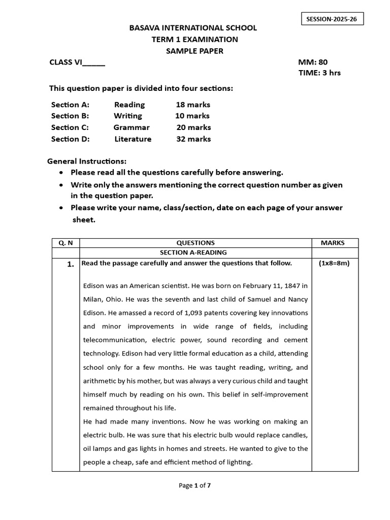 Class VI Term 1 Exam Sample Paper | PDF