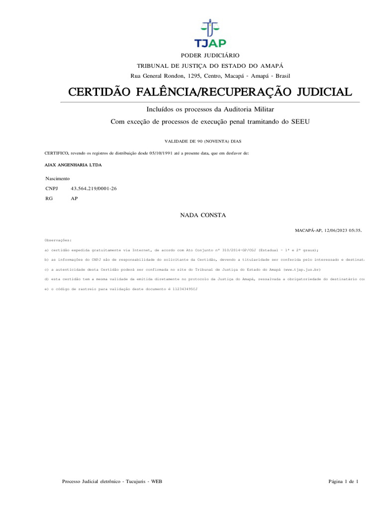 Certidão - Falencia e Conrcordata | PDF