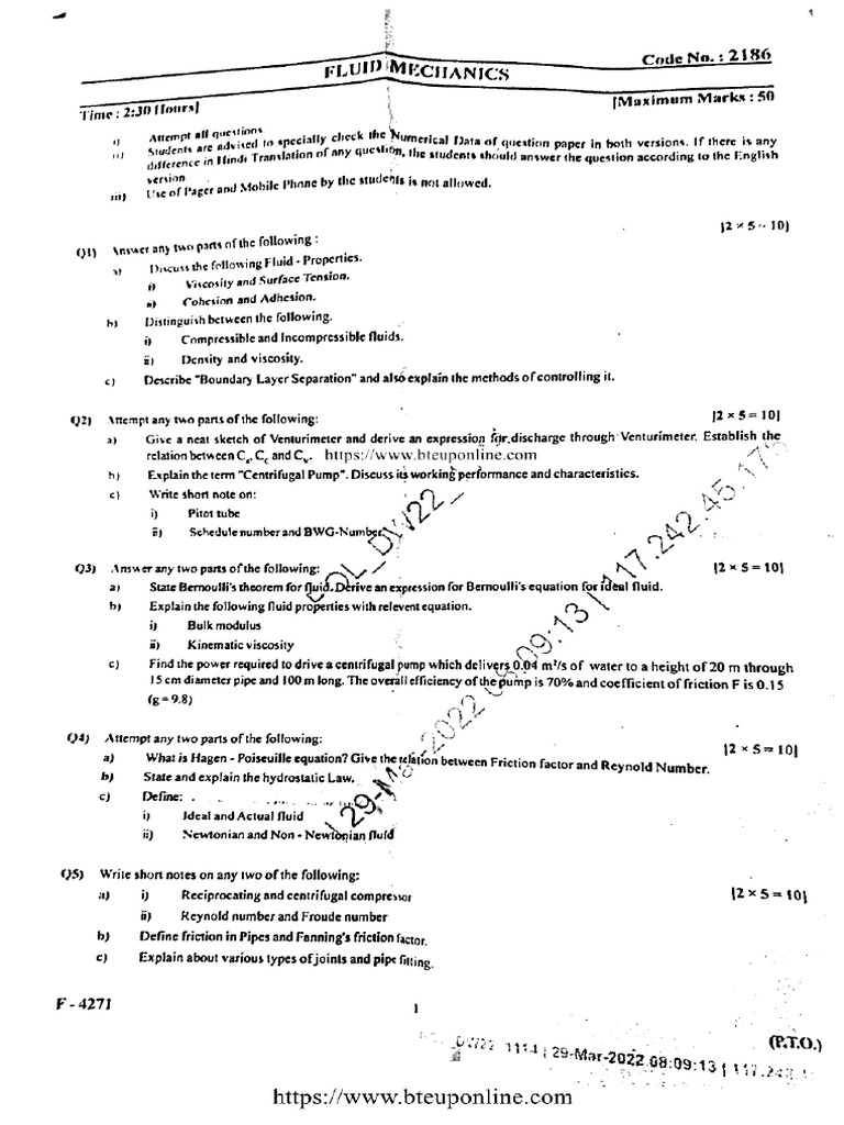 Chem 3 Sem Fluid Mechanics 2186 Mar 2022 | PDF