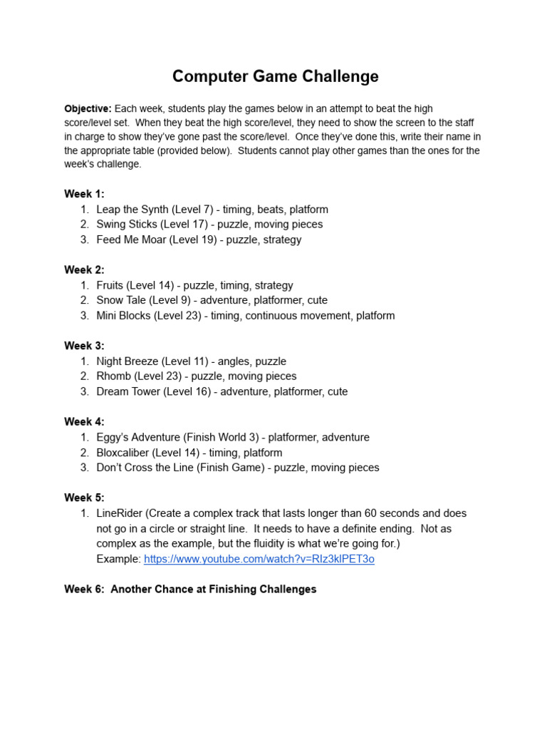 Weekly Computer Game Challenge Guide | PDF