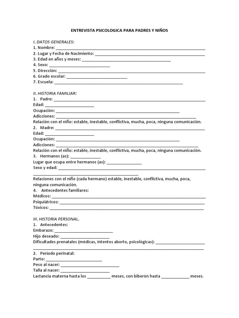 ENTREVISTA PSICOLOGICA PARA PADRES Y NIÑOS