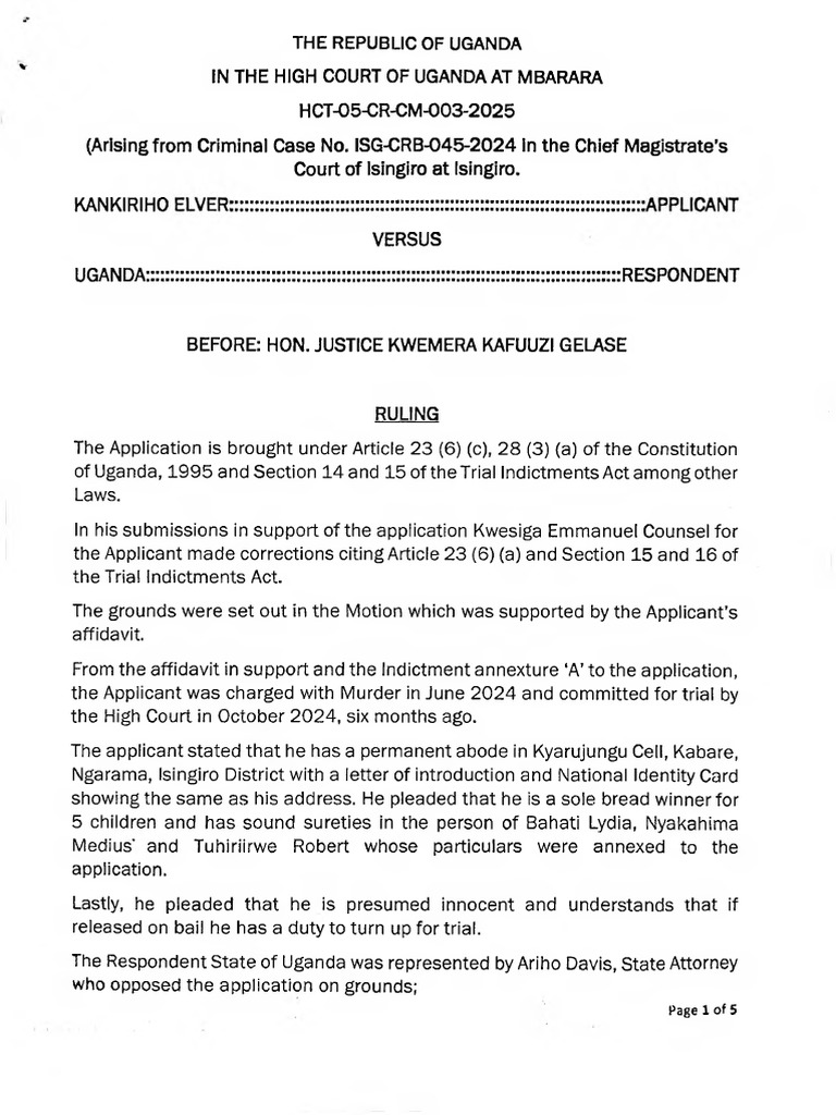 Uganda High Court Bail Ruling on Murder Case | PDF | Bail | Public Law
