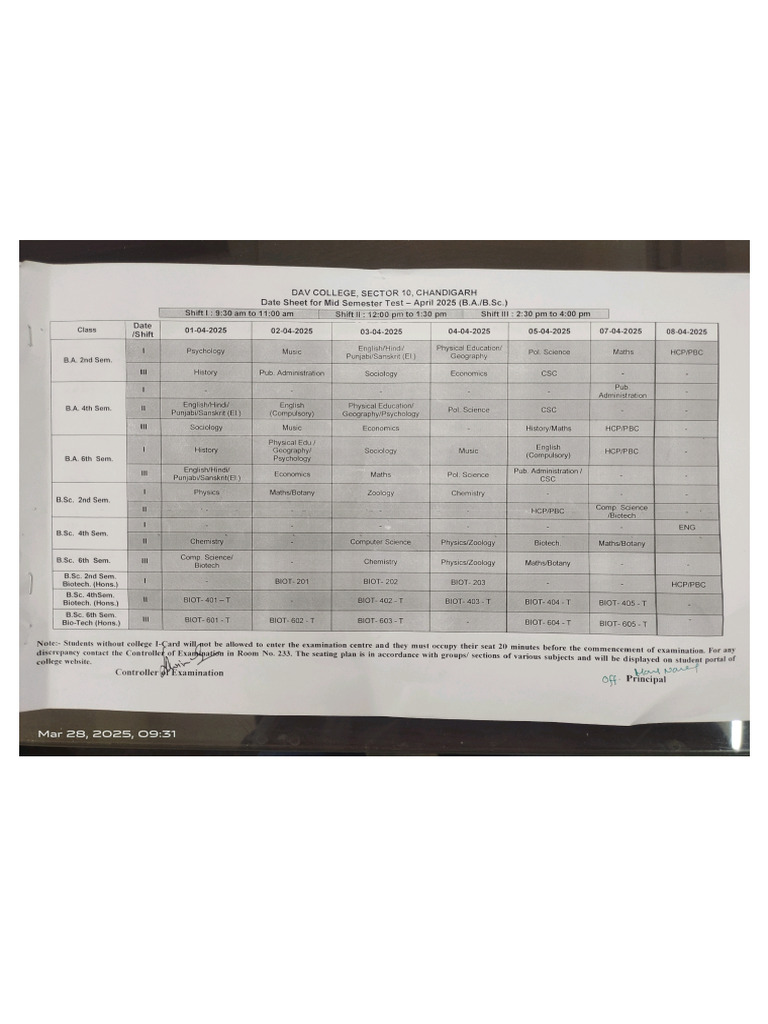 Date Sheet Mst 280325 | PDF