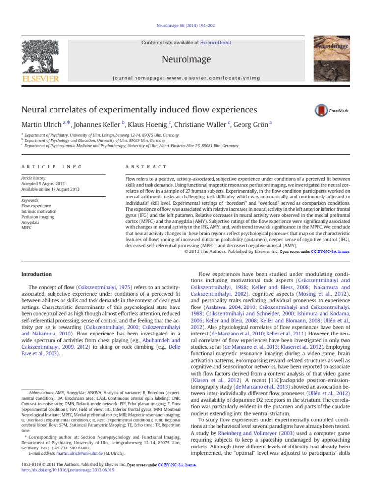 Neural Correlates of Experimentally Induced Flow Experiences | PDF ...