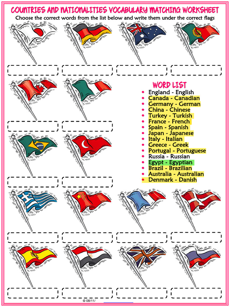 Countries and Nationalities Vocabulary Esl Matching Exercise Worksheet ...