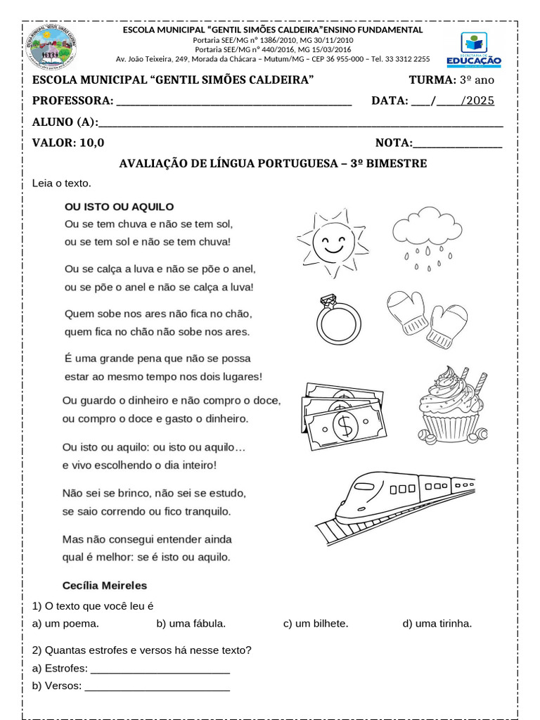 Avaliação de Língua Portuguesa - 3º Ano | PDF | Famílias linguísticas