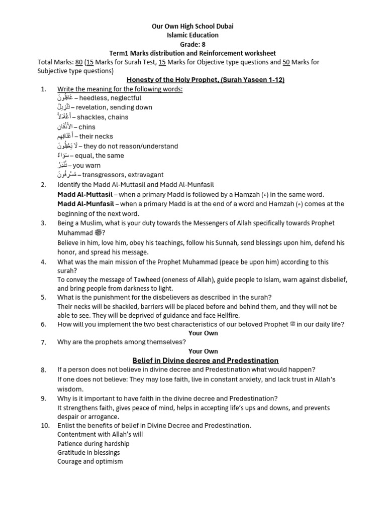 Grade 8 Islamic Education Worksheet | PDF | Religious Belief And ...