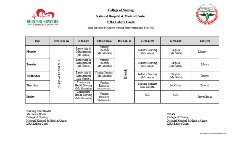 BS Nursing Final Year Schedule 2025 | PDF | Health Care | Nursing