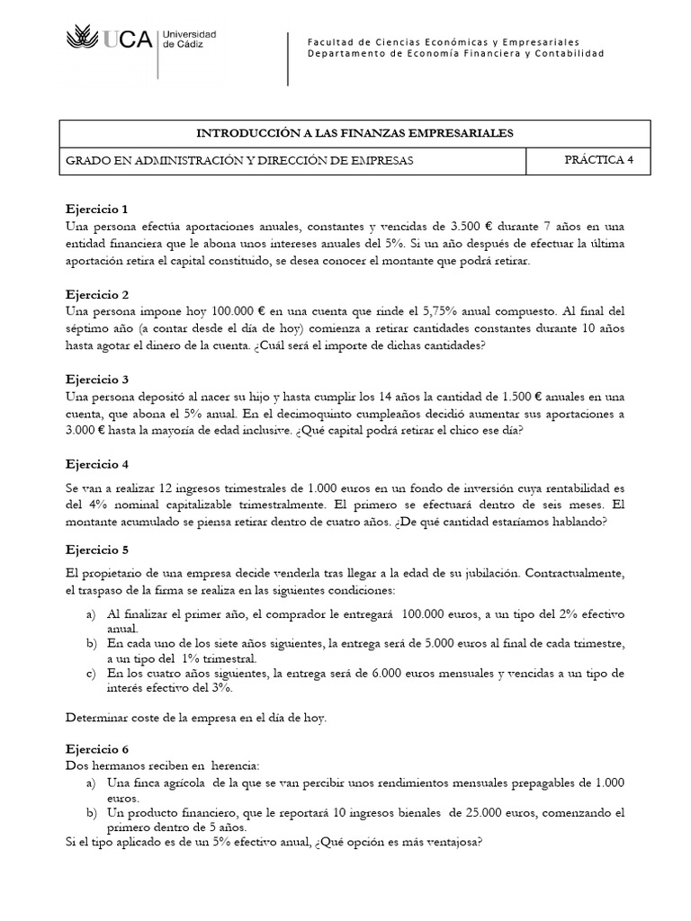 Ejercicios de Finanzas Empresariales | PDF | Interés | Negocios económicos