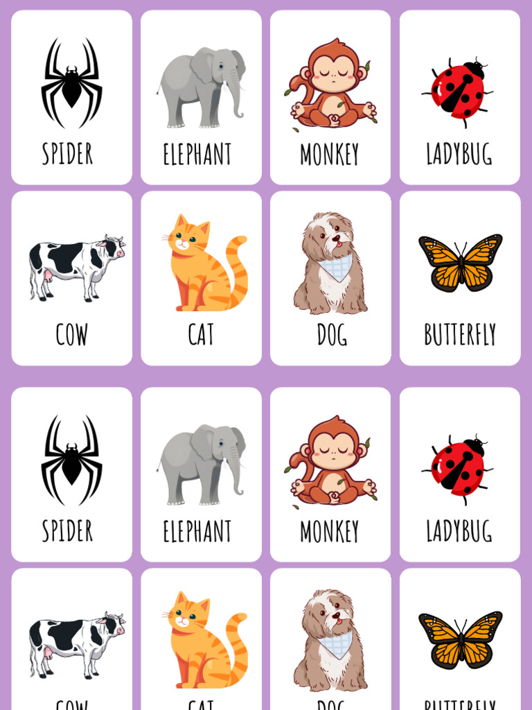 Zoo Animals Kindergarten Flashcards in Purple Illustrated Style | PDF