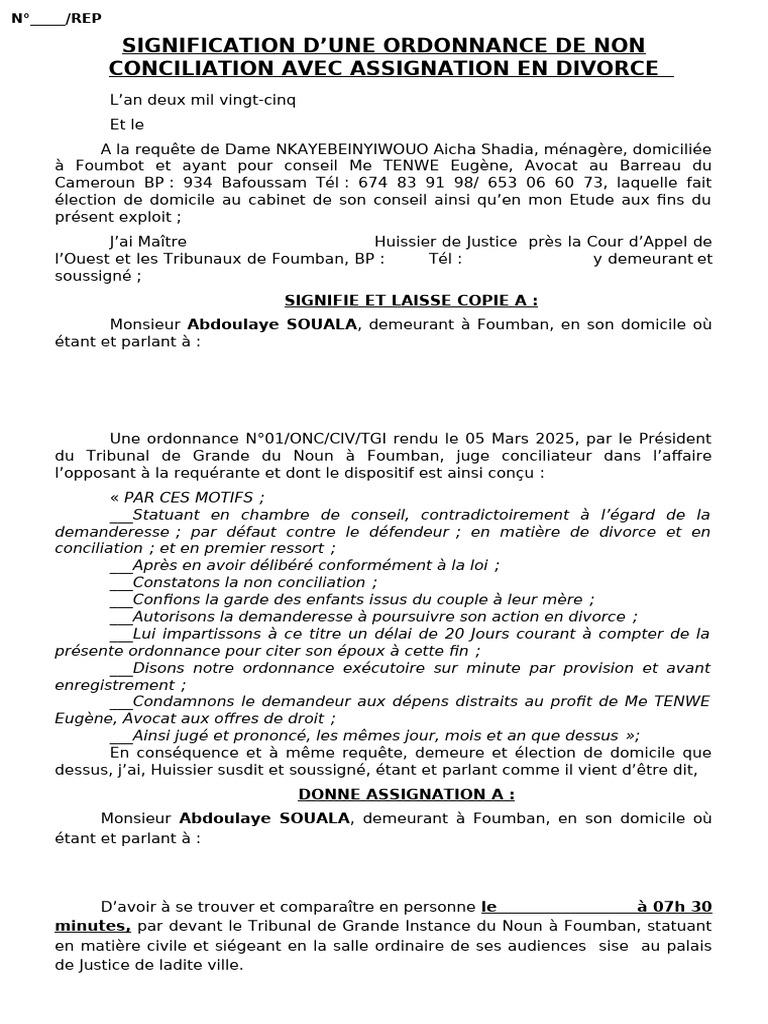 Ordonnance de Non Conciliation en Divorce | PDF | Mariage | Divorce