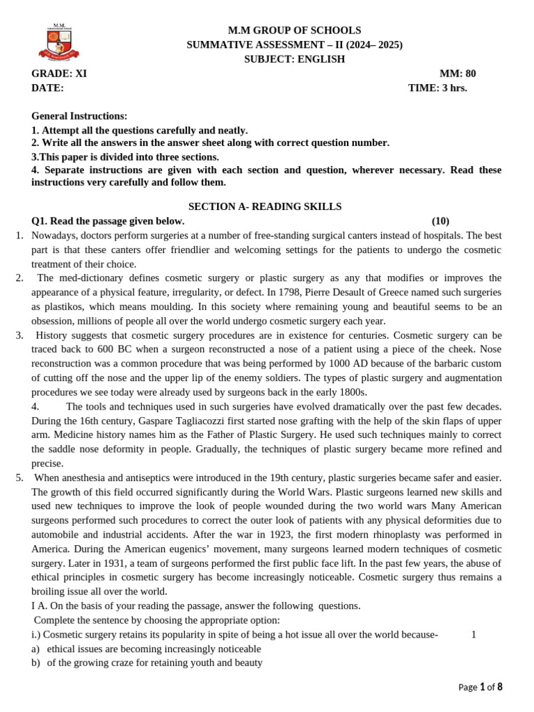 English Assessment for Grade XI (2024-25) | PDF | Plastic Surgery ...