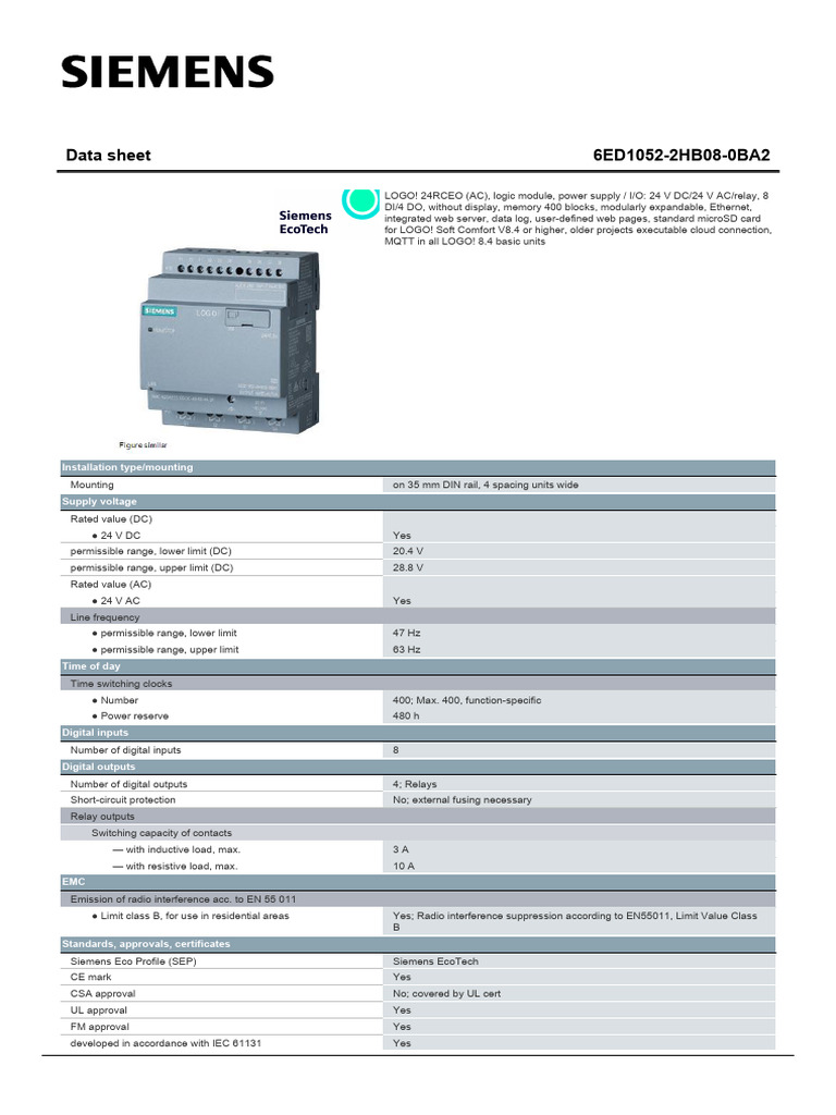 LOGO! 24RCEO Logic Module Data Sheet | PDF | Alternating Current | Relay