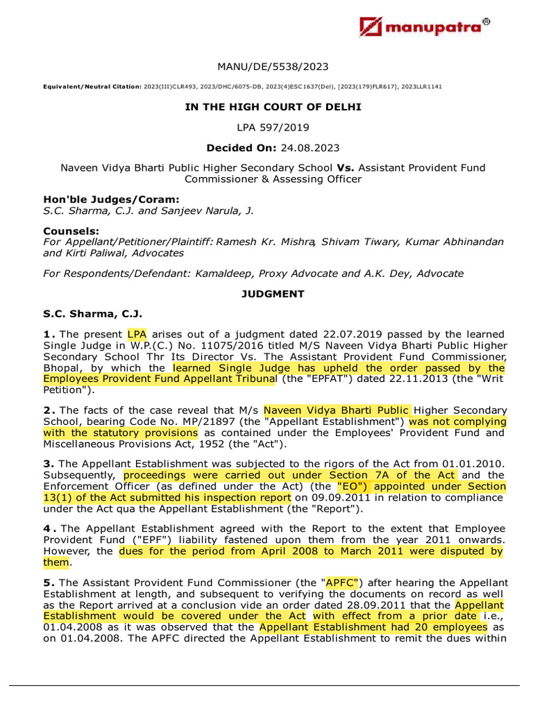 Delhi High Court Ruling on EPF Compliance | PDF | Judgment (Law) | Appeal