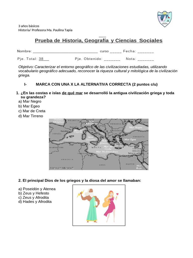 Prueba de Historia: Civilización Griega | PDF | Antigua Grecia | Esparta