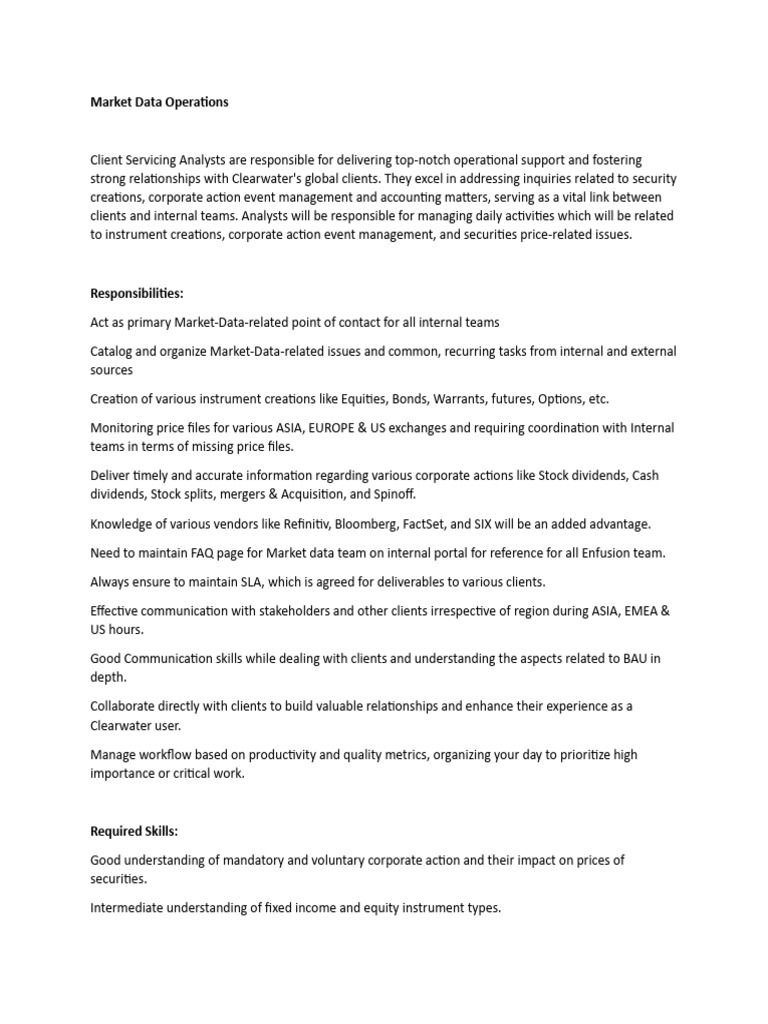 Market Data Operations Analyst Role | PDF | Stocks | Communication